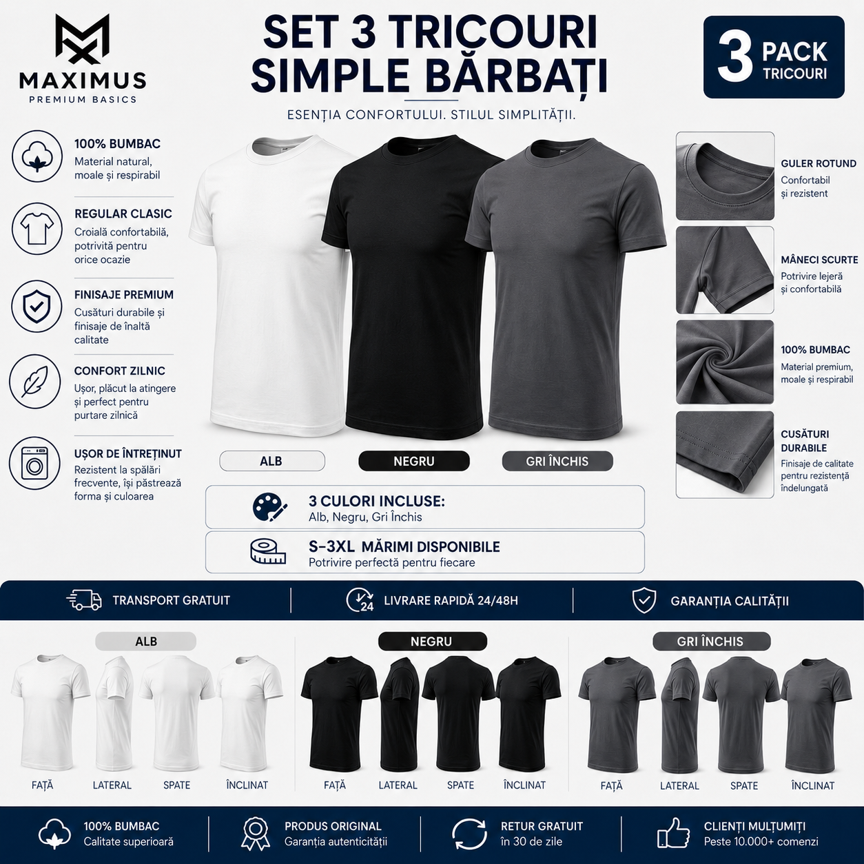 Set 3 tricouri bărbați 100% bumbac model 129 alb negru și gri regular clasic